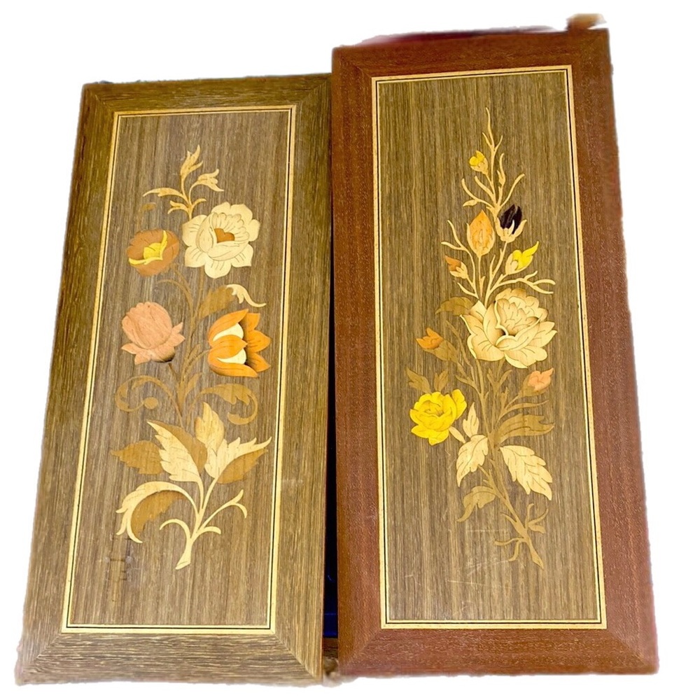 SET of Italian Wooden Wall Art Plaques Wood Inlaid Floral Marquetry  Wall Art